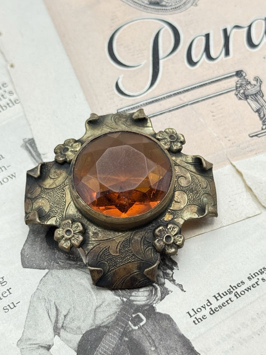 Antique EDWARDIAN Floral Design Large Orange Faceted Stone Brooch