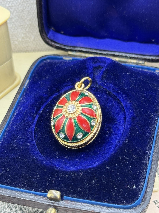 Enameled Egg Shaped Pendant Red Green Goldtone Rhinestones Estate Find