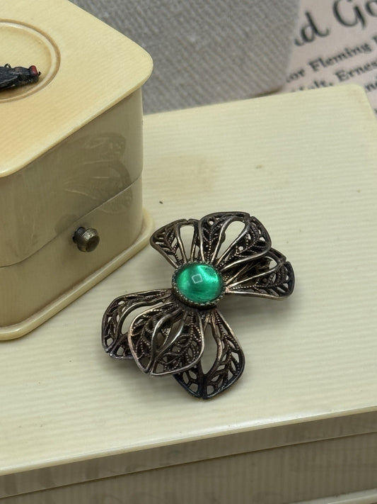 Vintage Brass Tone Below Ribbon Brooch Green Center Stone ESTATE FIND
