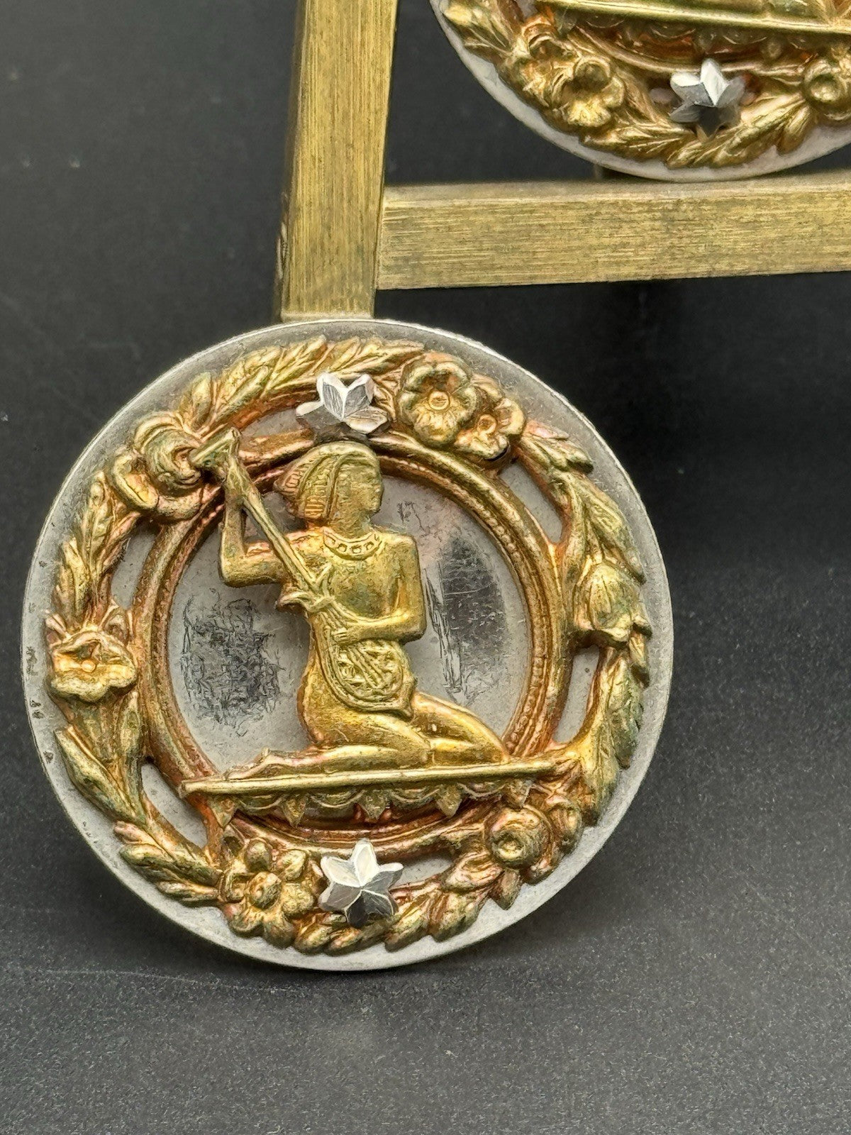 1 X ANTIQUE EGYPTIAN REVIVAL Button Circa 1.5”d Silvertone & Goldtone Metal