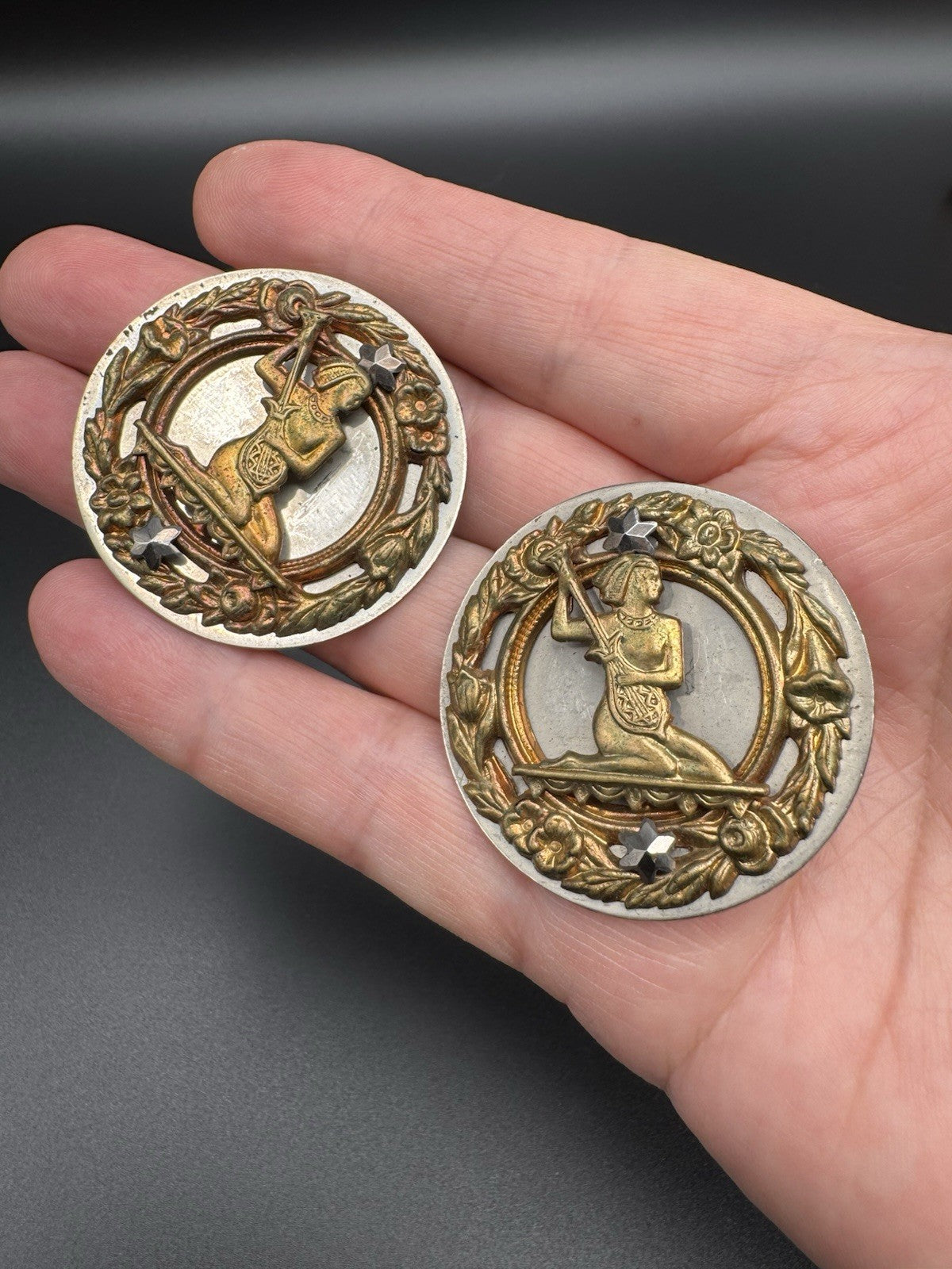 1 X ANTIQUE EGYPTIAN REVIVAL Button Circa 1.5”d Silvertone & Goldtone Metal