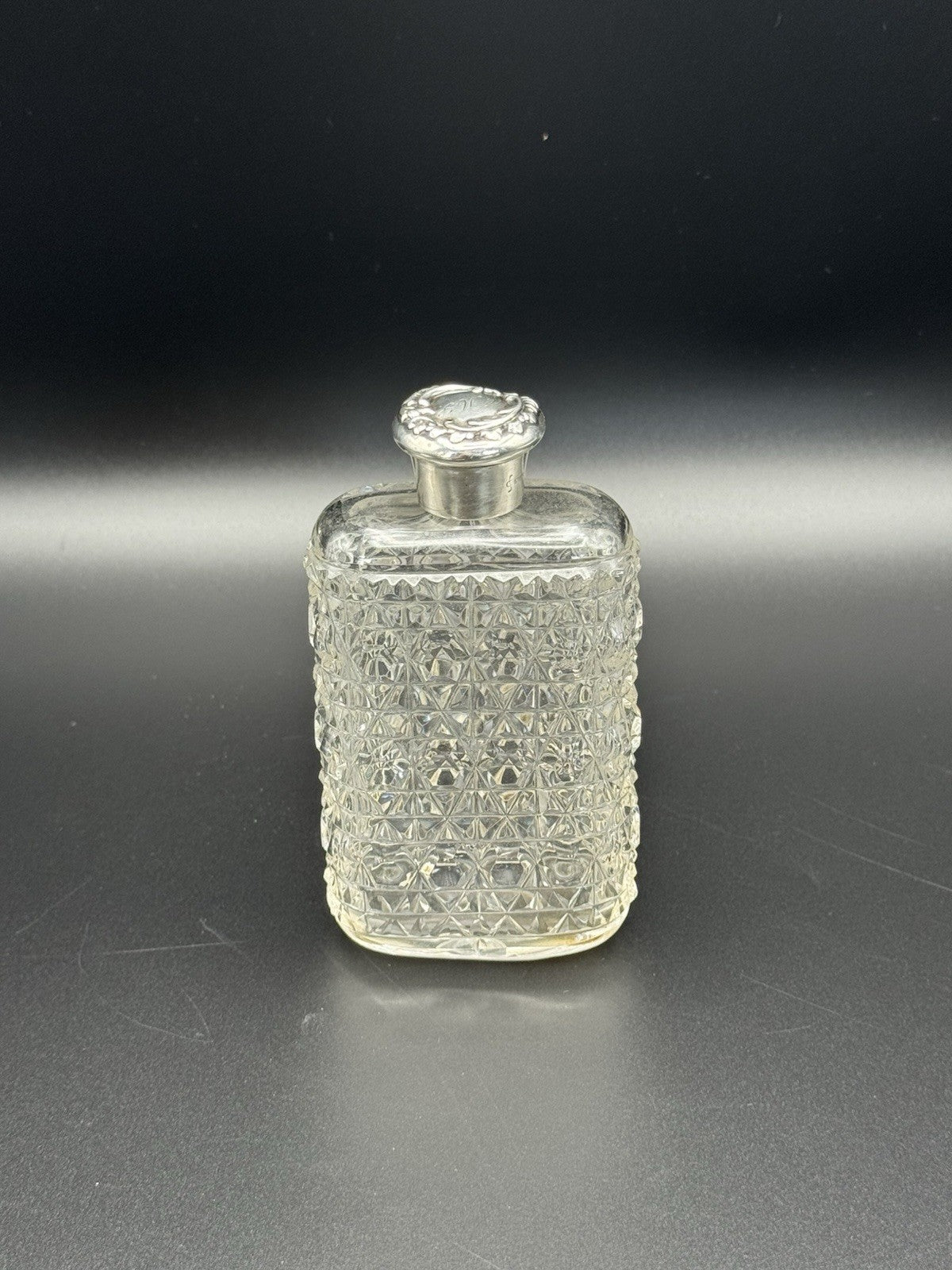 Antique Sterling Screw Lid Cut Crystal Empty Scent Bottle Monogram Dented Lid‼️