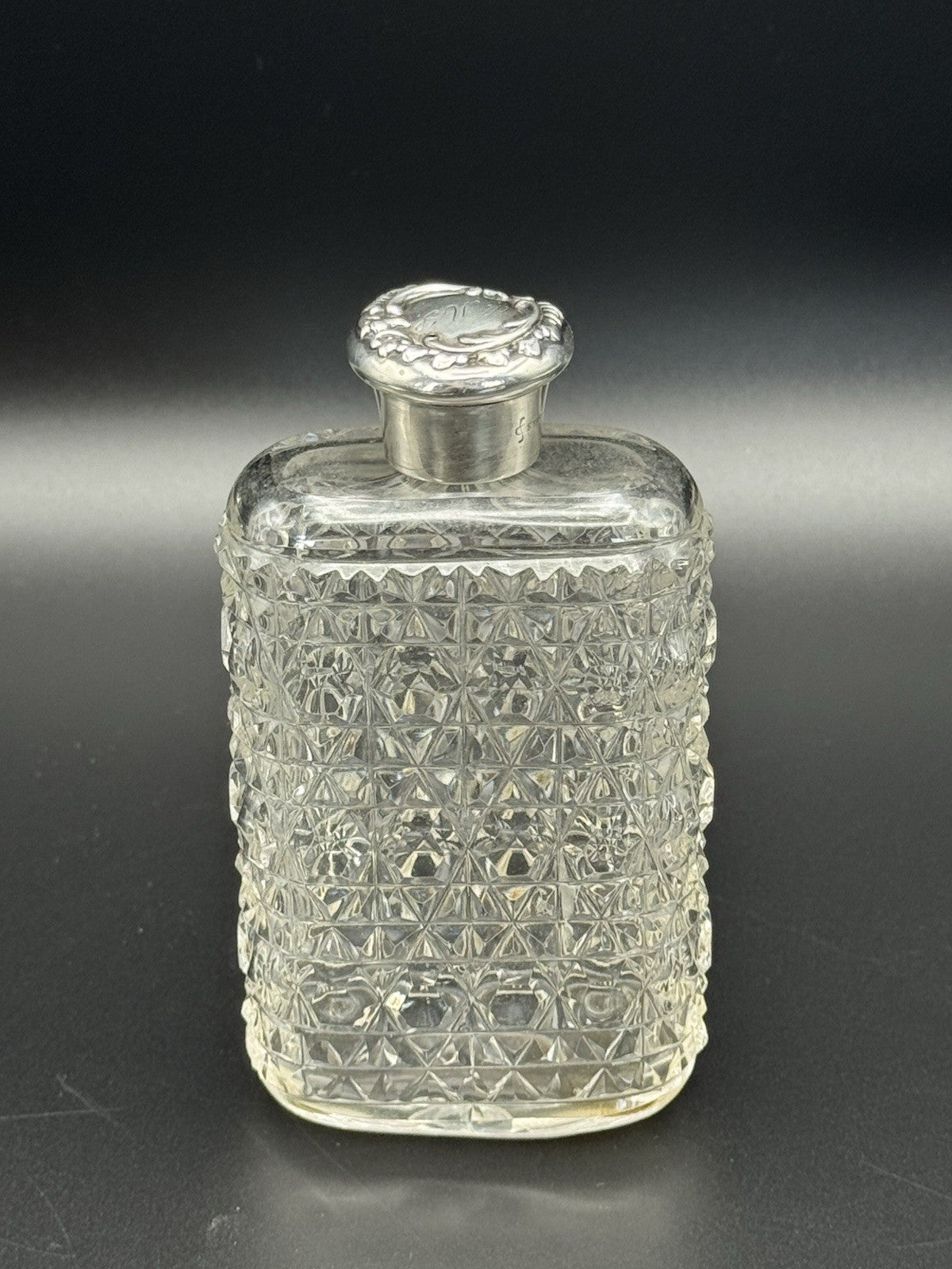 Antique Sterling Screw Lid Cut Crystal Empty Scent Bottle Monogram Dented Lid‼️