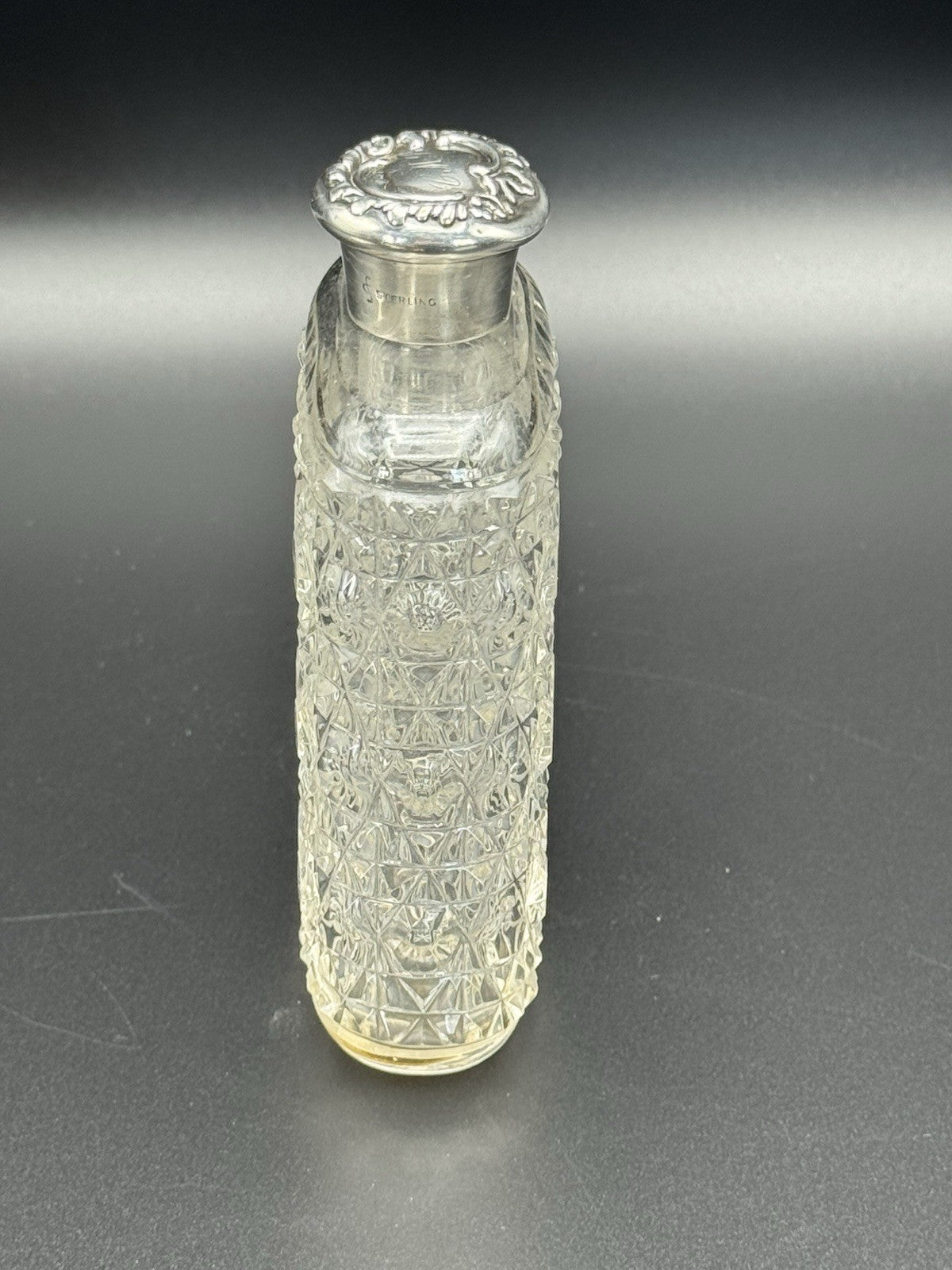 Antique Sterling Screw Lid Cut Crystal Empty Scent Bottle Monogram Dented Lid‼️