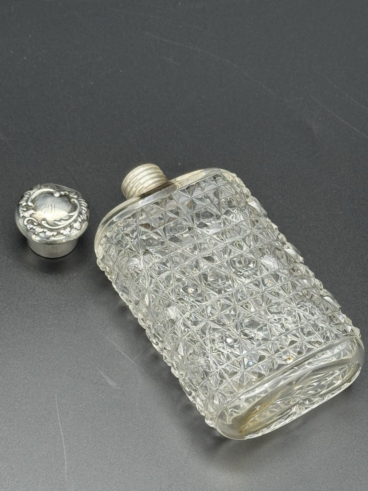 Antique Sterling Screw Lid Cut Crystal Empty Scent Bottle Monogram Dented Lid‼️