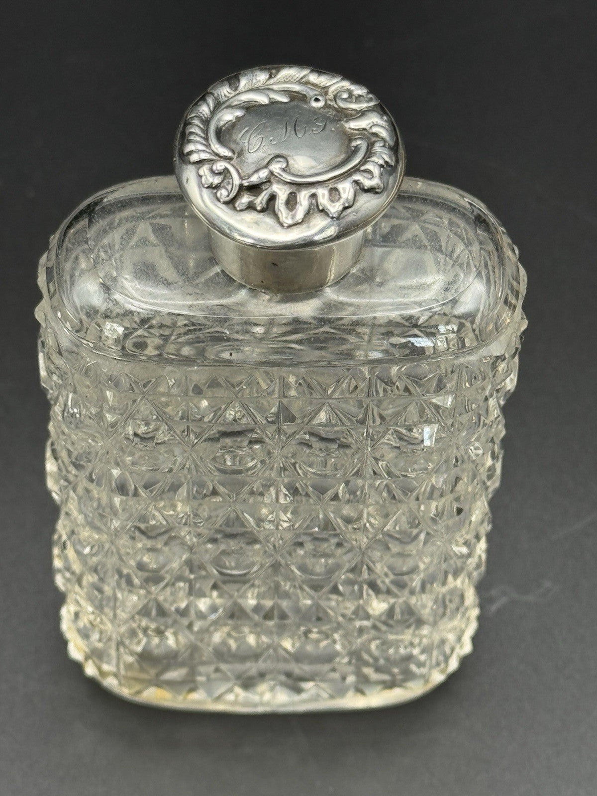 Antique Sterling Screw Lid Cut Crystal Empty Scent Bottle Monogram Dented Lid‼️