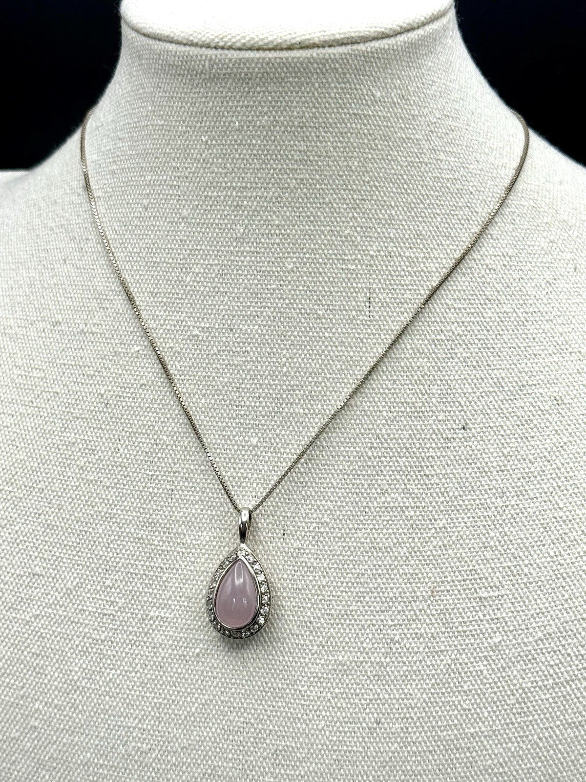 STERLING Tear Drop Pendant Necklace Pink & Clear Stones Sterling Chain 15.5”