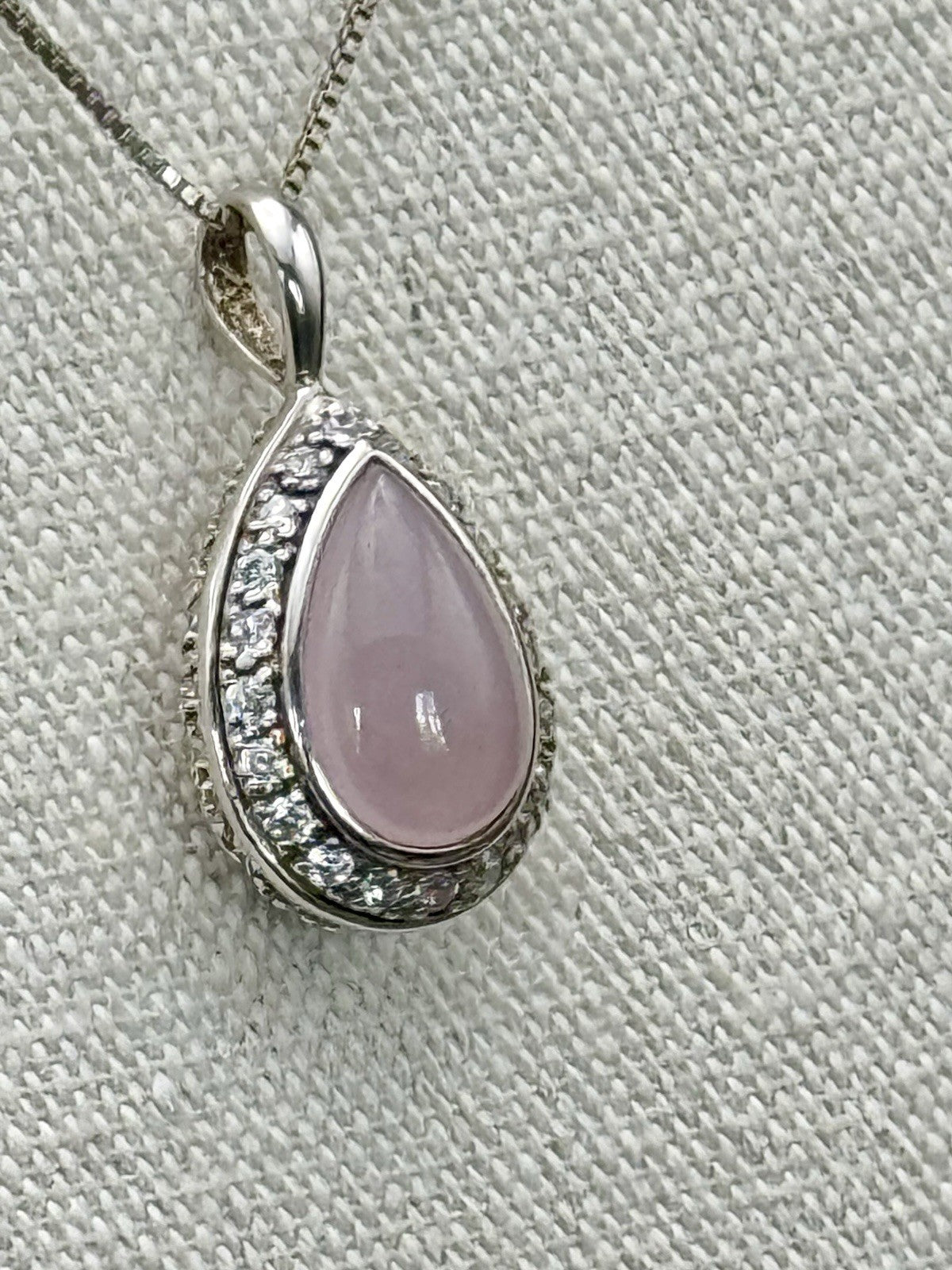 STERLING Tear Drop Pendant Necklace Pink & Clear Stones Sterling Chain 15.5”