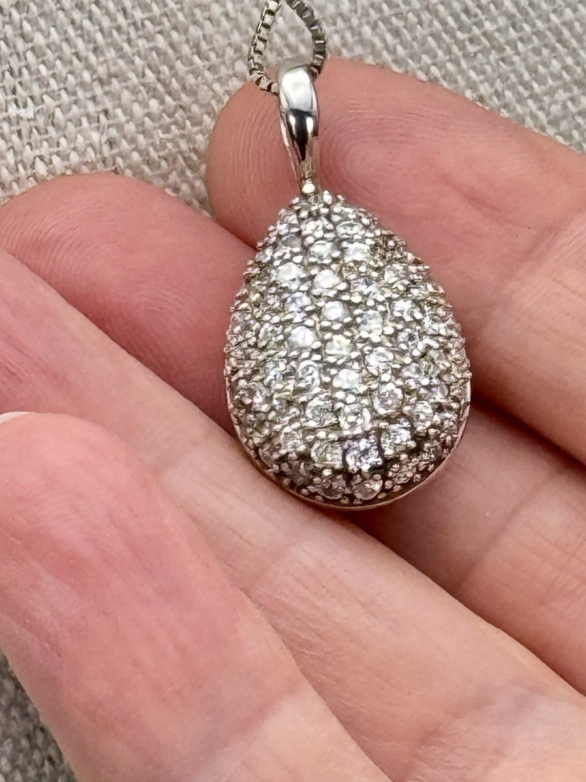 STERLING Tear Drop Pendant Necklace Pink & Clear Stones Sterling Chain 15.5”