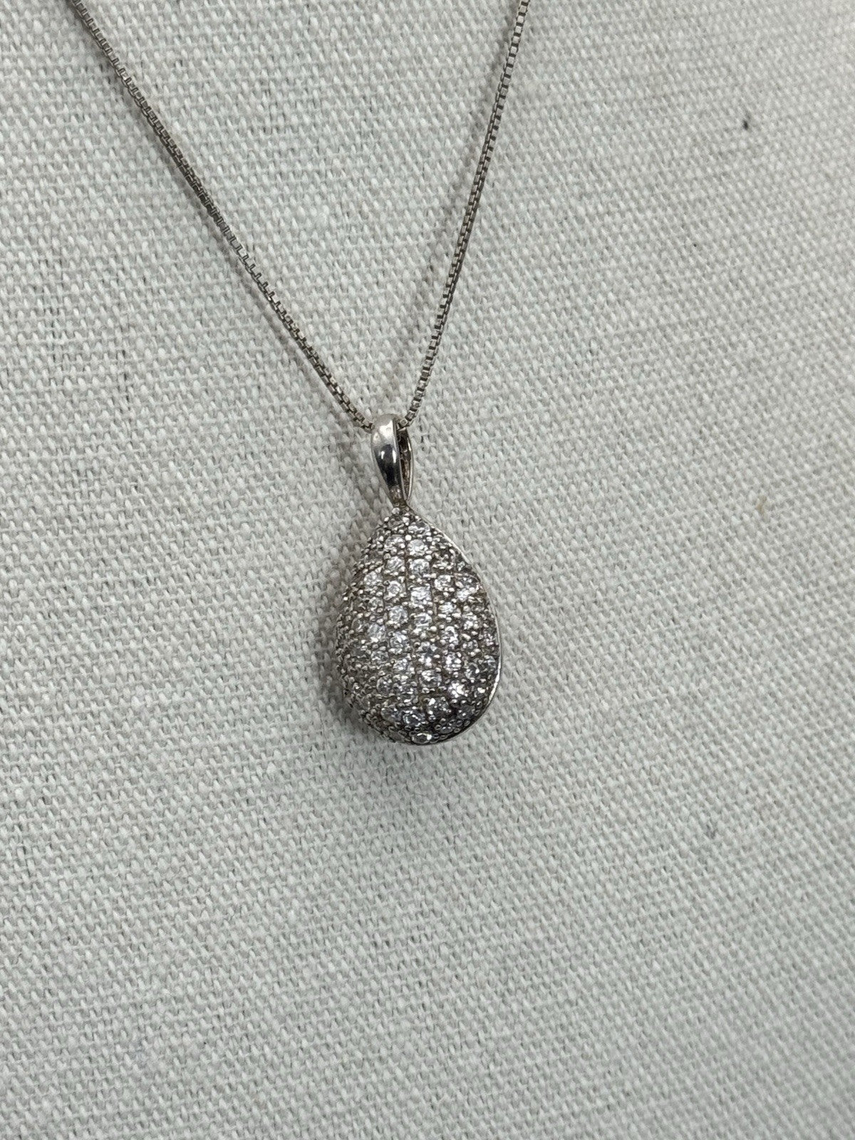 STERLING Tear Drop Pendant Necklace Pink & Clear Stones Sterling Chain 15.5”