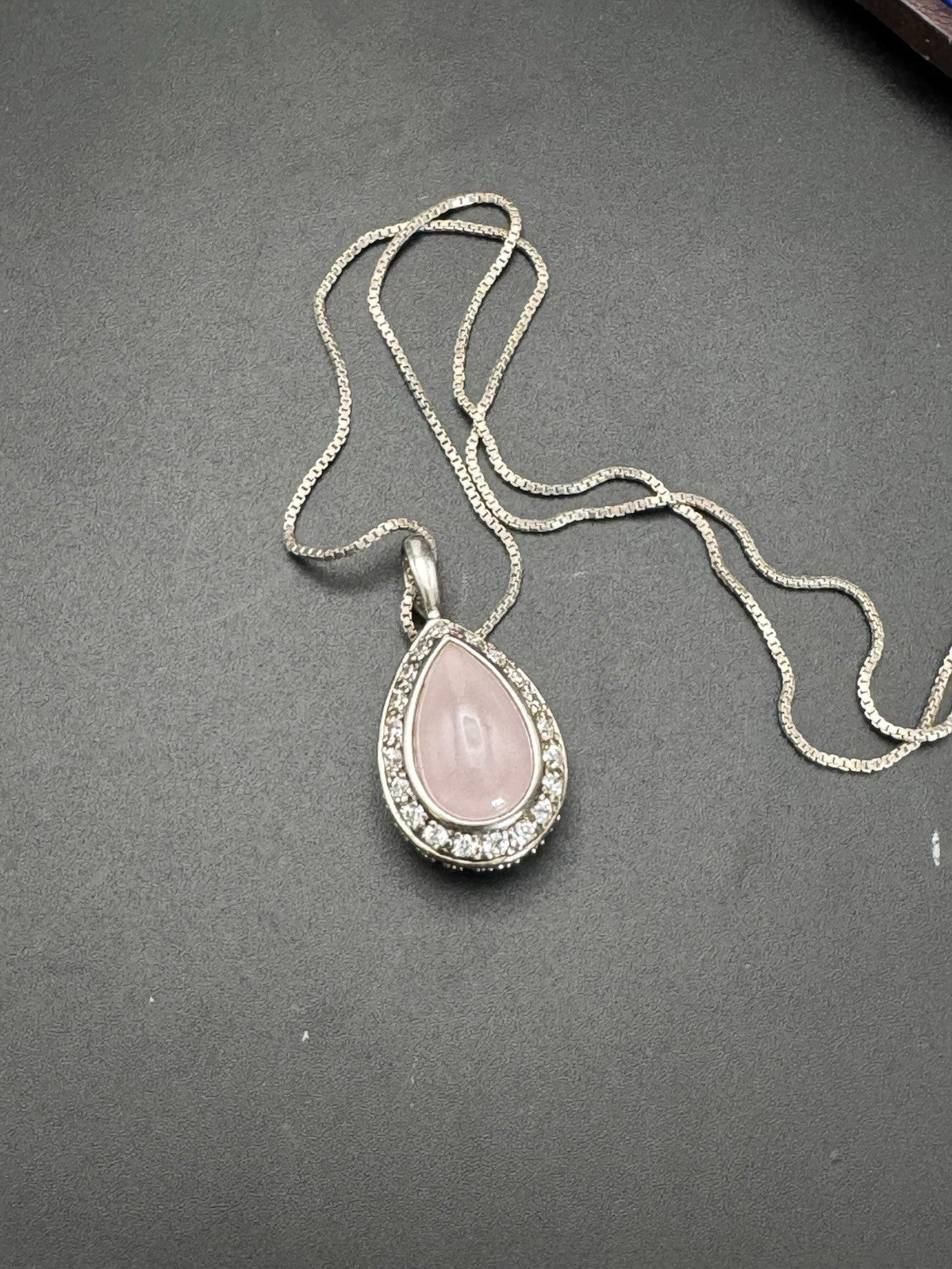 STERLING Tear Drop Pendant Necklace Pink & Clear Stones Sterling Chain 15.5”