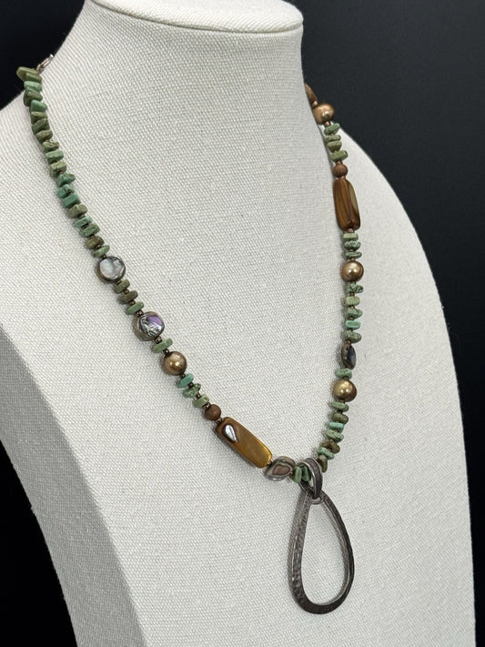 Vintage SILPADA Hammered Silver Pendant Green & Broen Beads ESTATE FIND Ca.20”