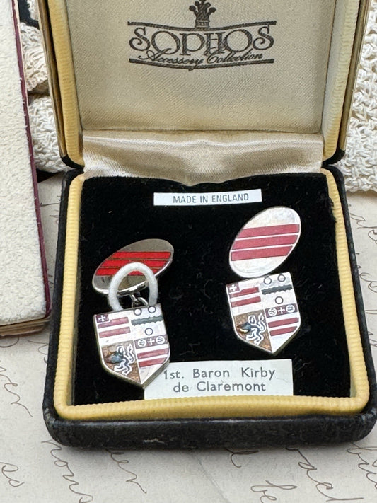Vintage Silvertone Heraldic Cufflinks In Case ESTATE FIND