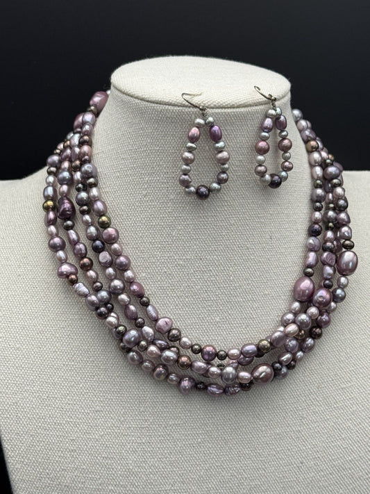 Purple Grey Freshwater 68” Long Necklace & Earrings Set ESTATE FIND