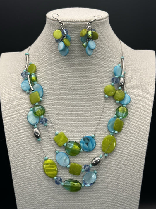 Multi Strand Necklace Blue Green Silvertone 20” Matching Earrings