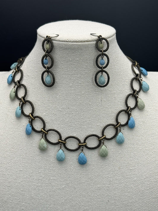 Blue & Green Faceted Tear Drop Necklace & Earring Set 17” ESTATE FIND