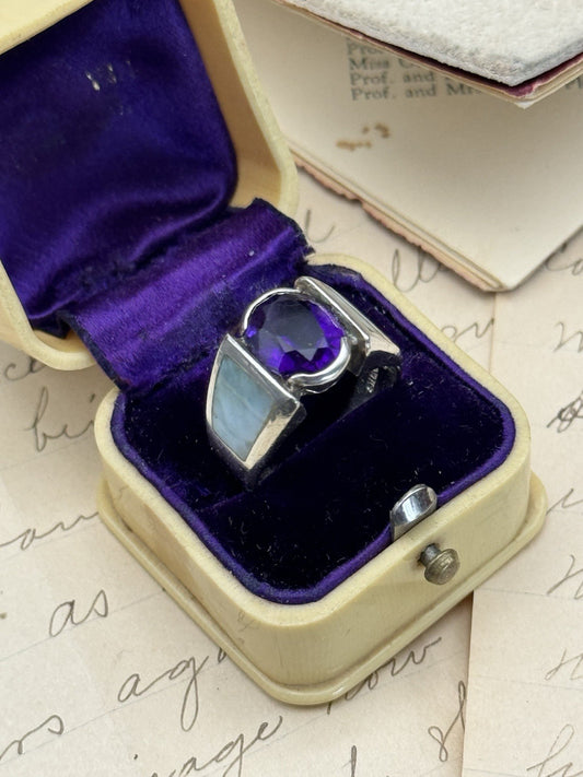 Artisan Amethyst Ring Sterling Silver Signed JH Size 6 ESTATE FIND