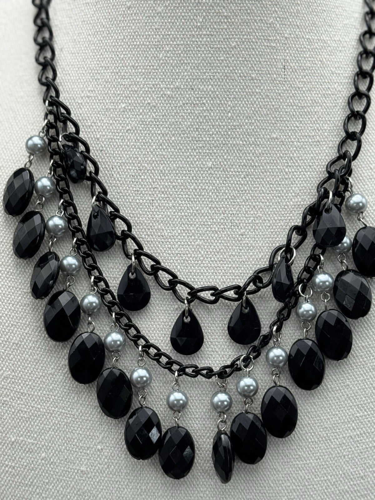 Double Layer Black Lucite Drop NECKLACE Estate Find
