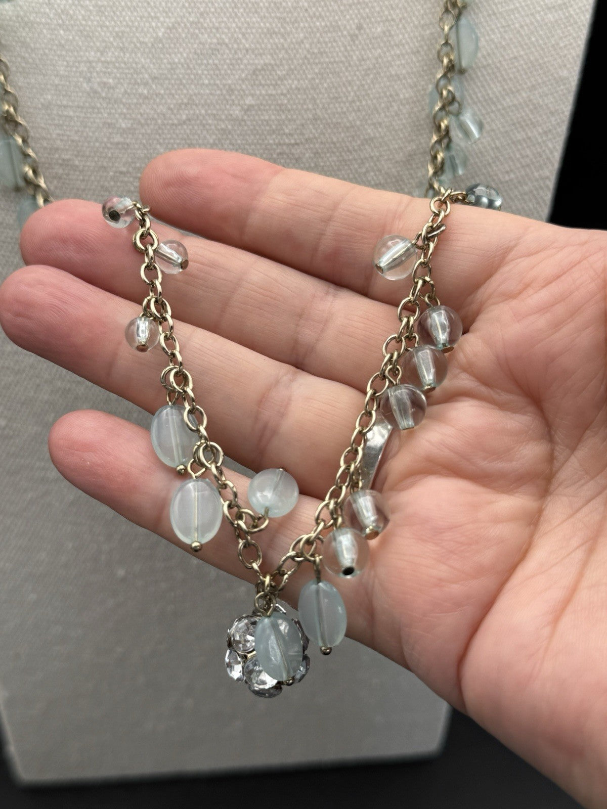 Vintage Goldtone Mint Green Lucite Dangler Necklace 32”