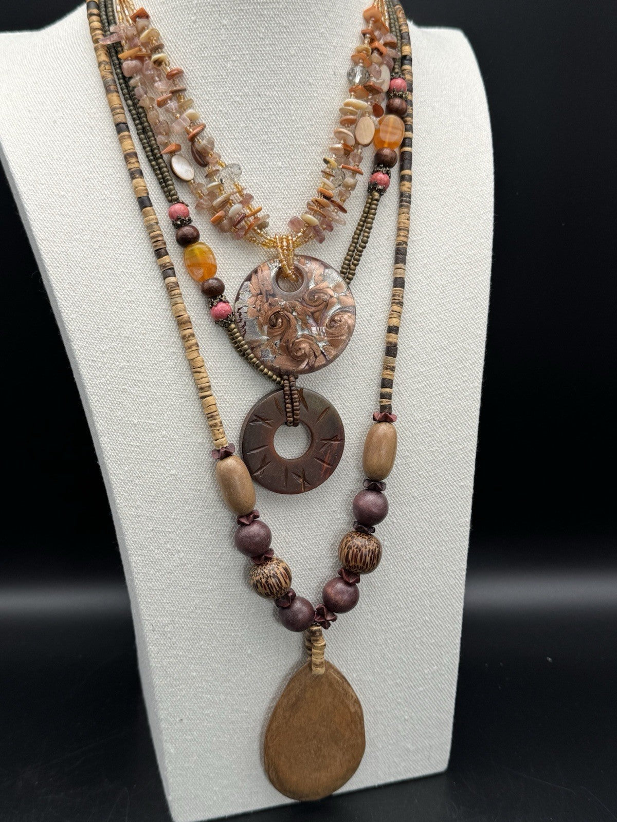 Vintage BOHO CHIC Necklace Lot Wood &  Glass Beads ESTATE FIND
