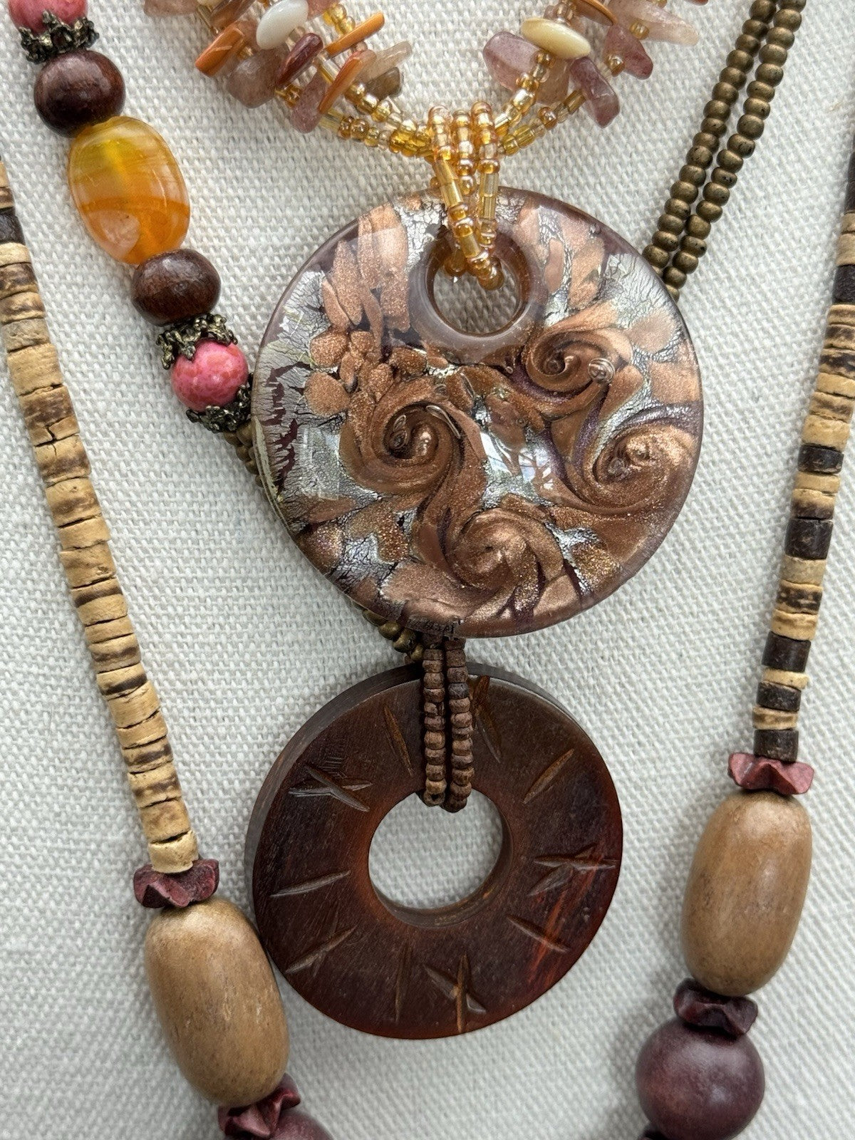 Vintage BOHO CHIC Necklace Lot Wood &  Glass Beads ESTATE FIND