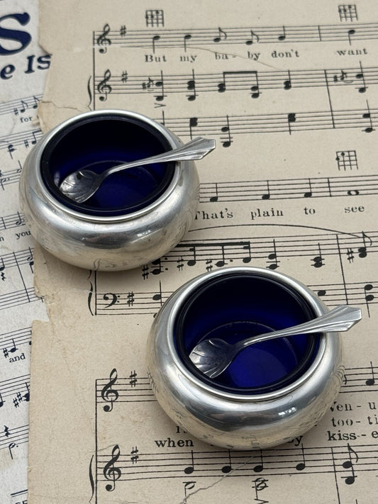 Pair Frank Whiting STERLING Salts Cobalt Blue Glass Inserts & Spoons