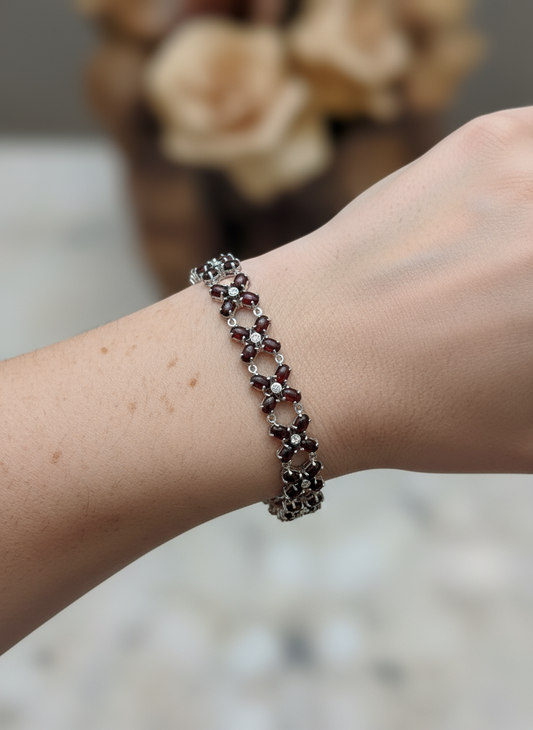 Sterling Bracelet Red Stone 6.75” ESTATE FIND