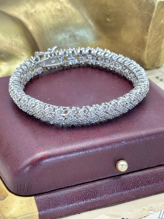 Vintage Sterling Silver Pave Clear Stones Chevron Link Tennis Bracelet 7"