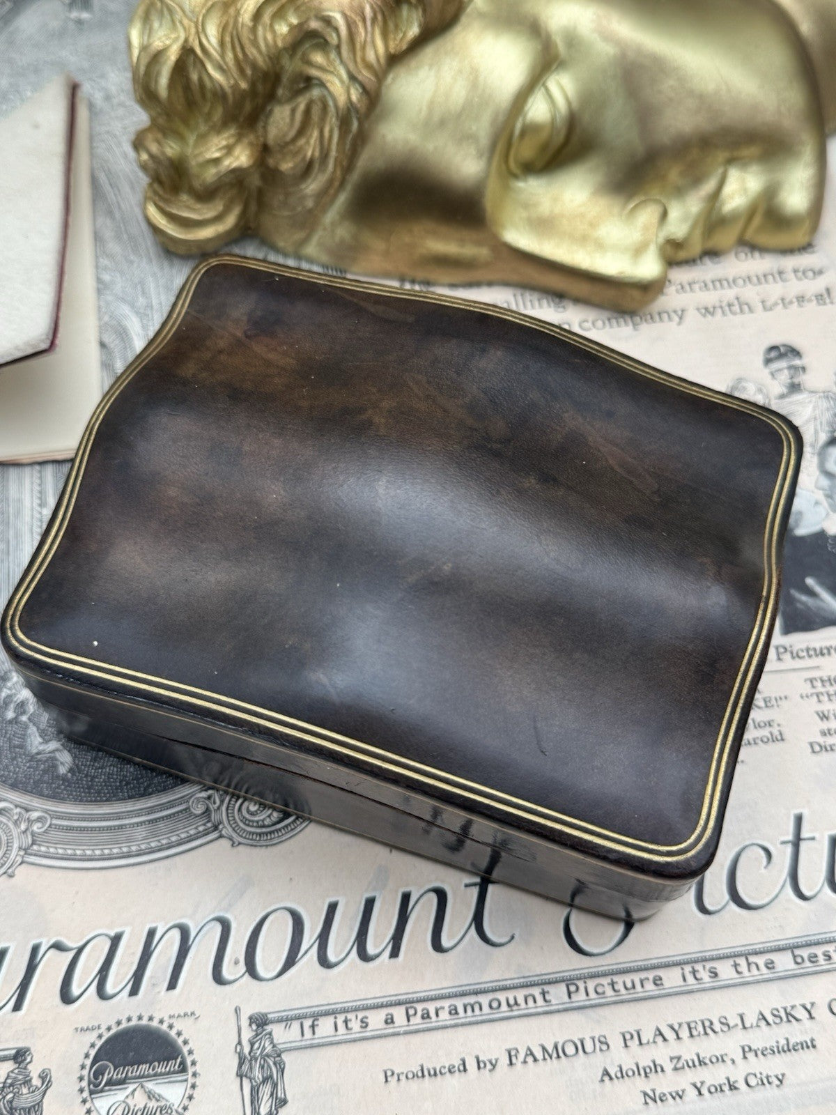 Vintage Italian Brown Gilt Tooled Leather Camelback Top CASE Ca. 4.25”  X  3”