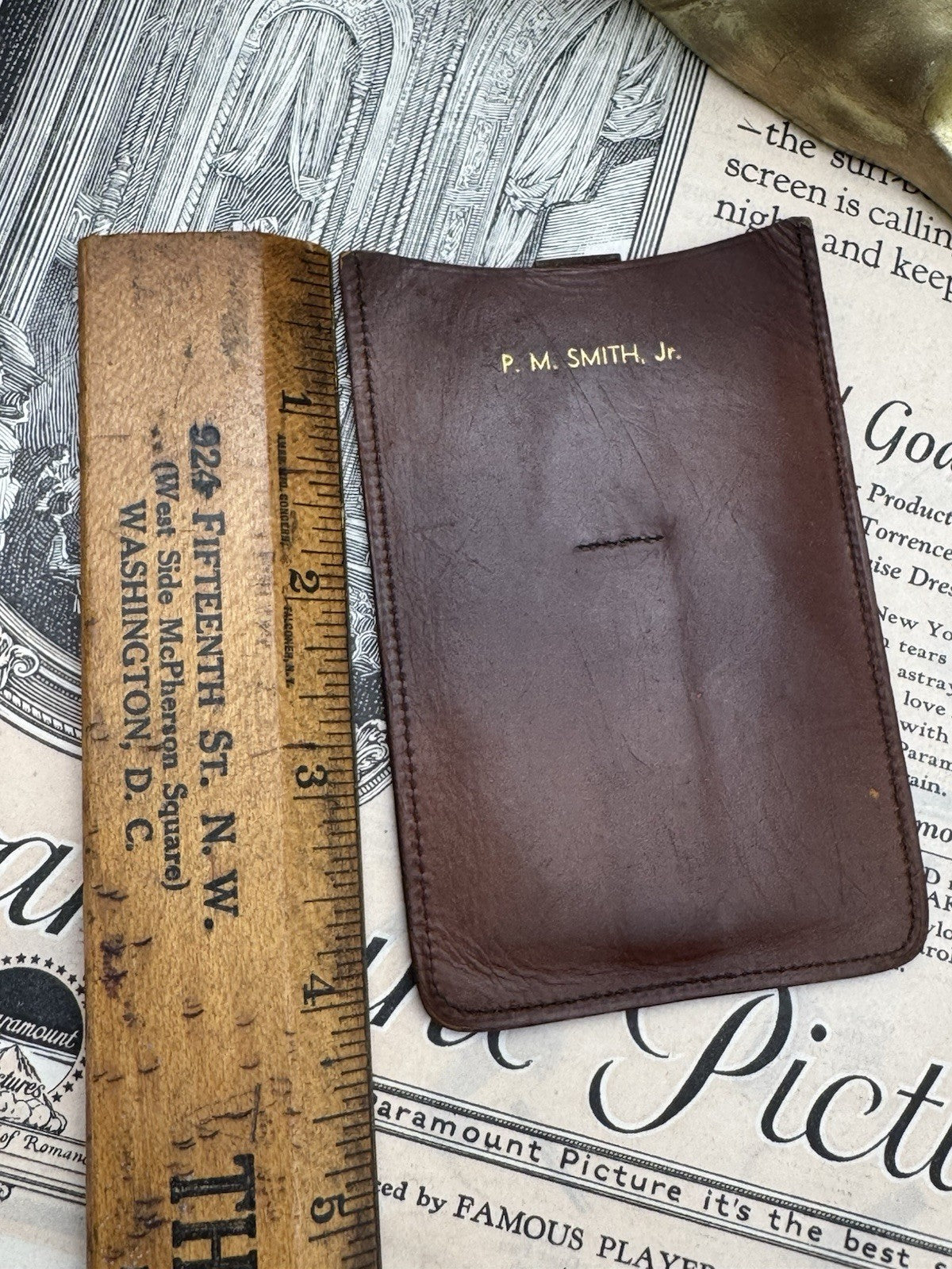 Vintage Tooled Leather CALLING CARD CASE - Business Card Holder Inscribed P.M.S