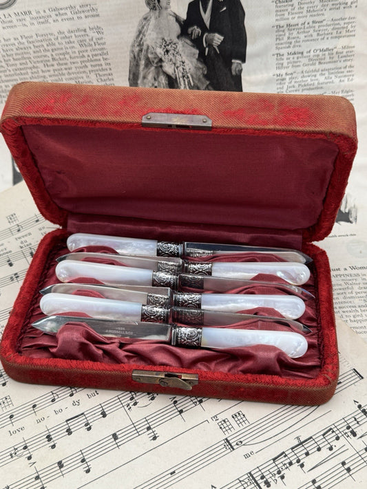 6 Dessert Knives 1834 J RUSSEL & CO SILVER Mother Of Pearl In Original Case