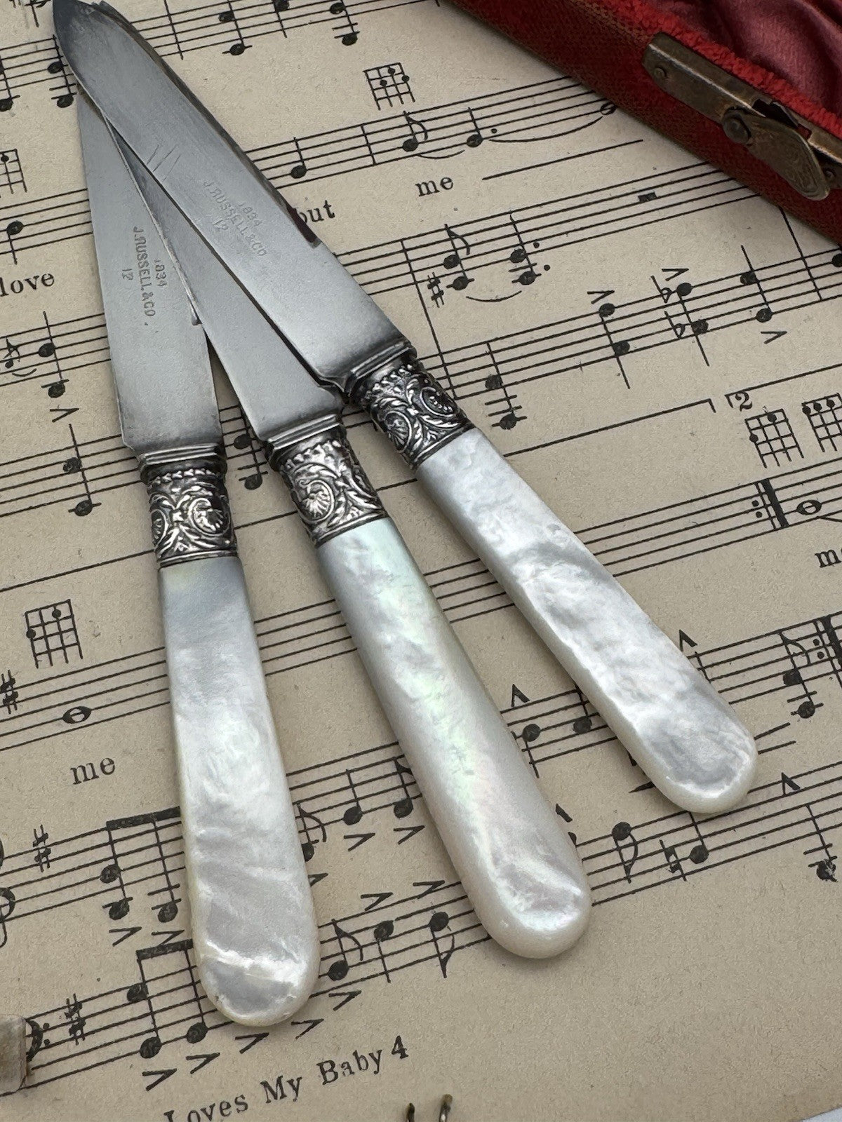 6 Dessert Knives 1834 J RUSSEL & CO SILVER Mother Of Pearl In Original Case