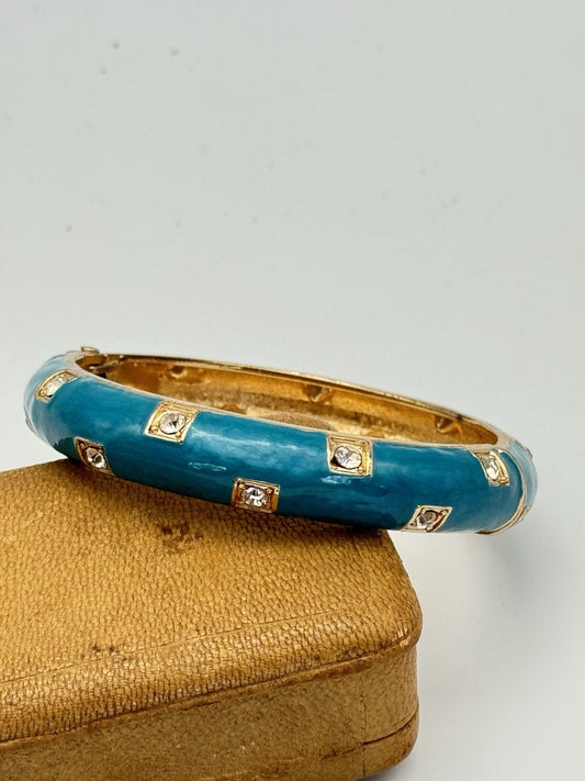 Vintage Teal Goldtone Hinged Bangle Circa 7”