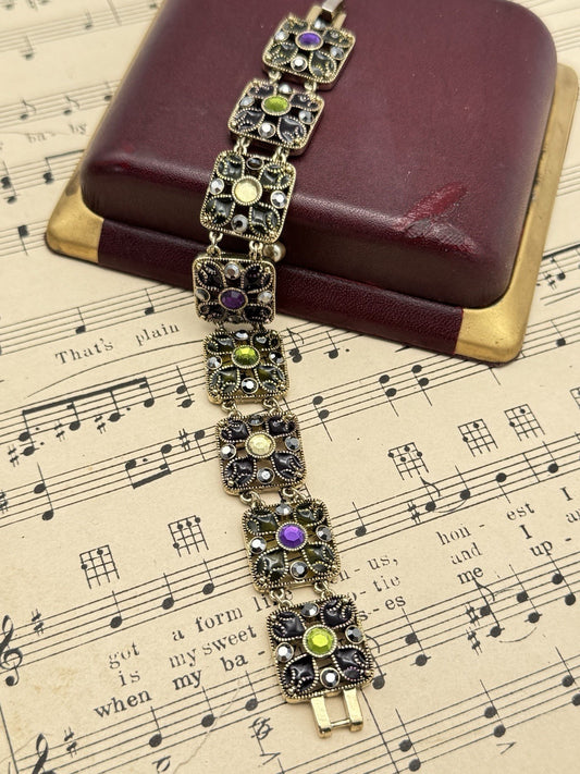 Vintage SIGNED MONET Bracelet Multicolor Rhinestone Circa 6.75” Long
