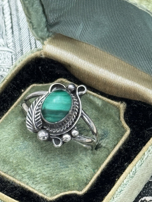 Vintage STERLING Artisan Malachite Ring SIGNED H Size 8.25 ESTATE FIND