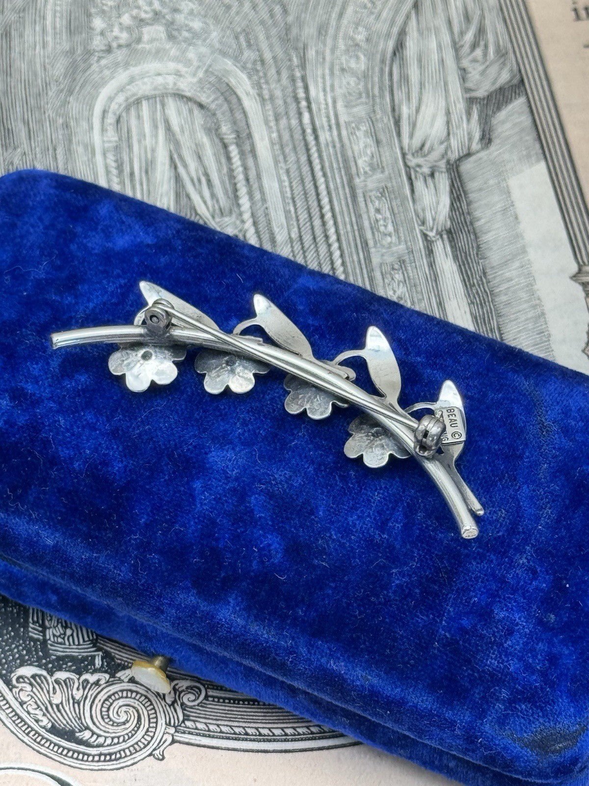 Vintage Sterling Flower Branch Brooch BEAU Sterling