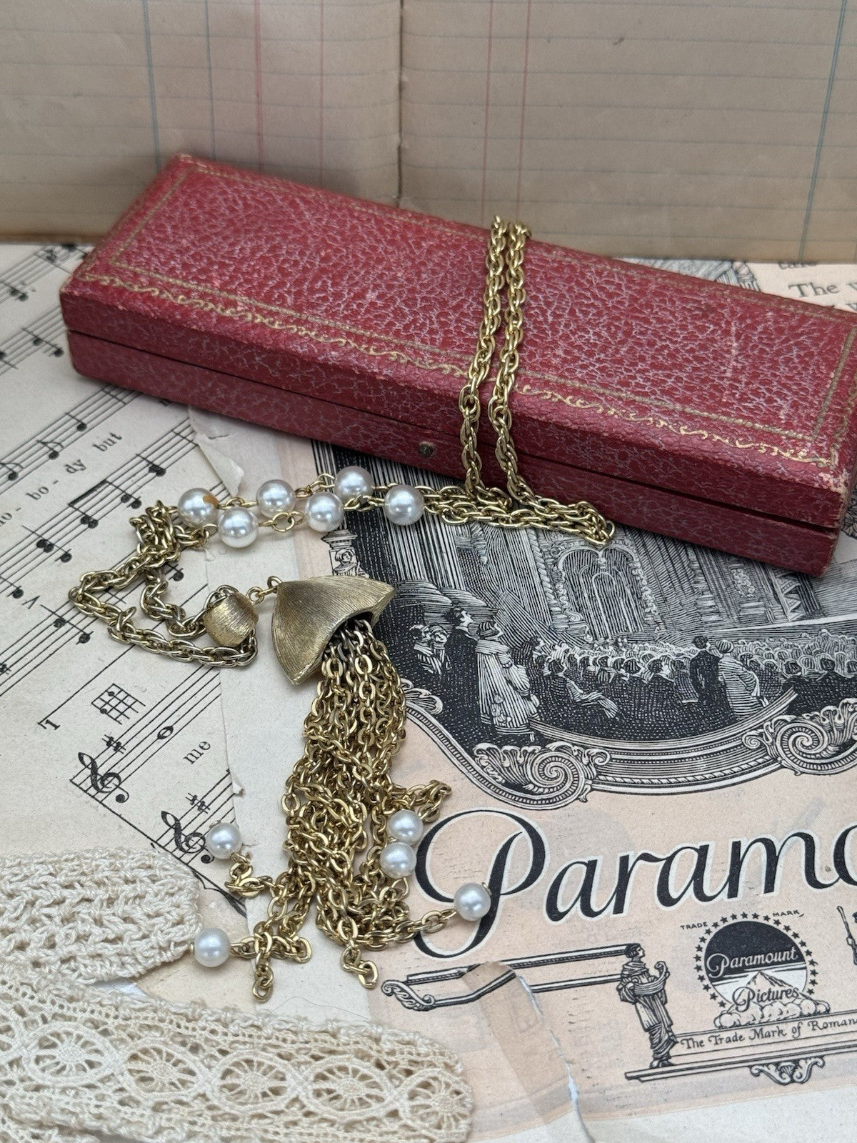 Vintage Tassel Goldtone Faux Pearl Necklace Ca. 22”l ESTATE FIND