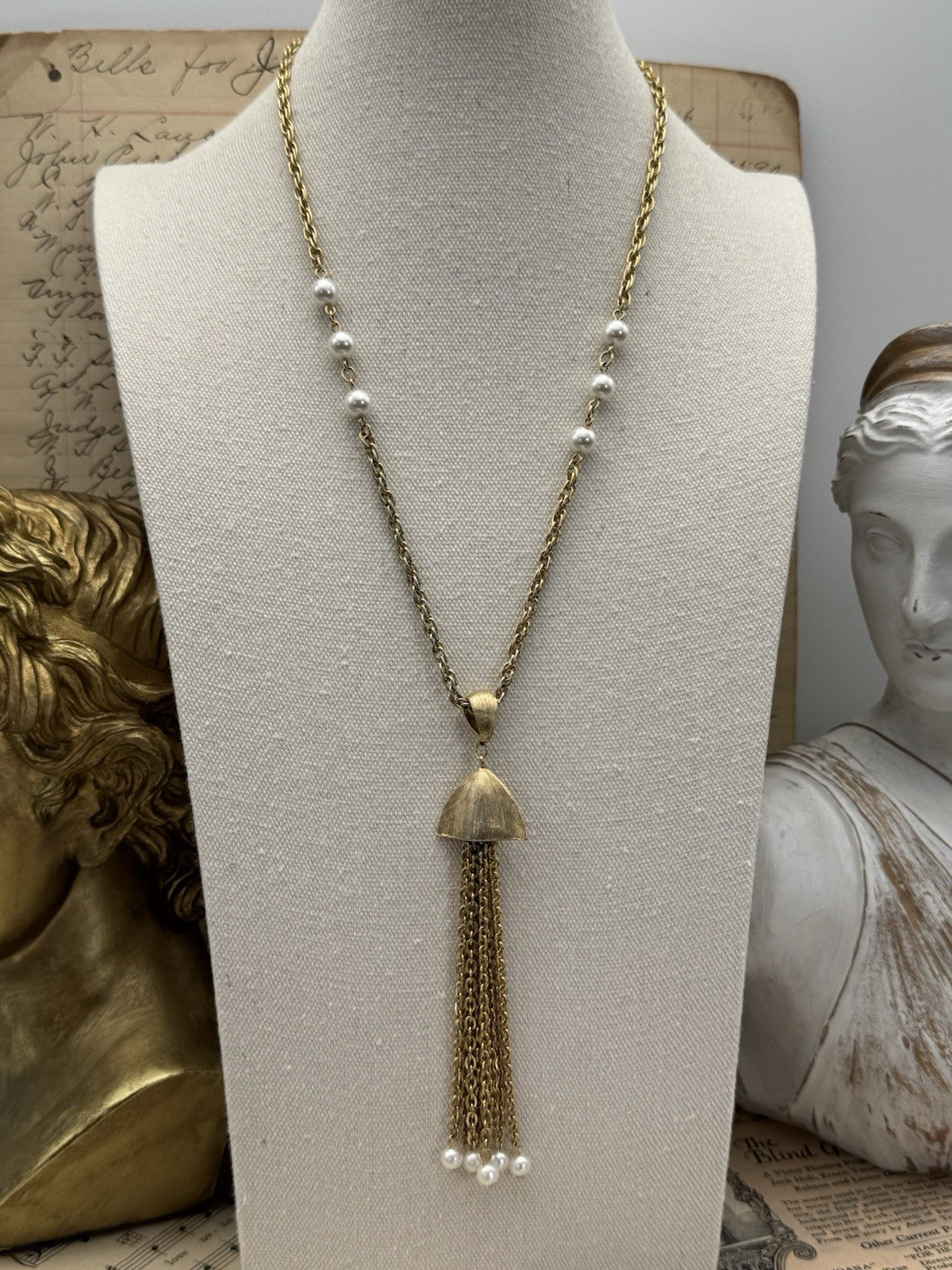 Vintage Tassel Goldtone Faux Pearl Necklace Ca. 22”l ESTATE FIND