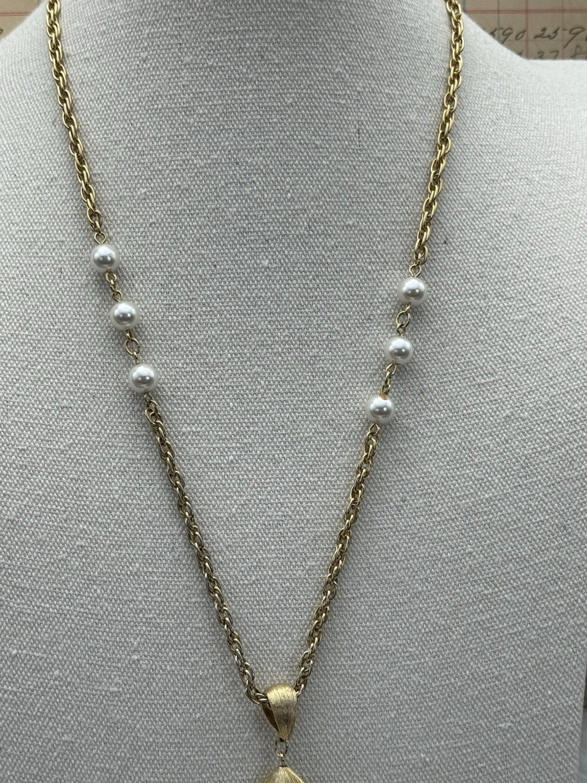 Vintage Tassel Goldtone Faux Pearl Necklace Ca. 22”l ESTATE FIND