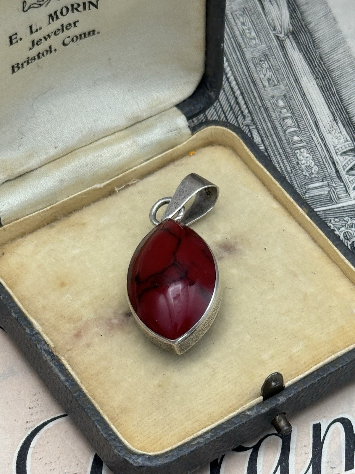 Vintage STERLING MEXICO BLACK & Red Reversible Pendant ESTATE FIND