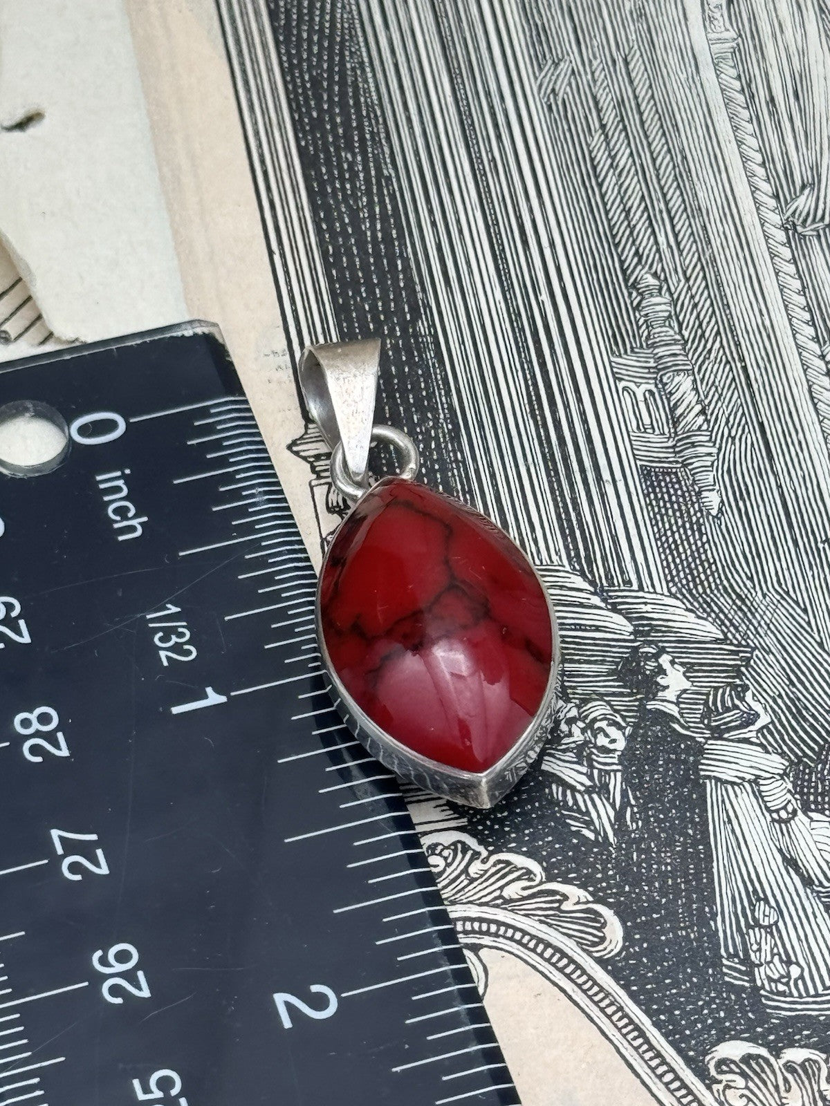 Vintage STERLING MEXICO BLACK & Red Reversible Pendant ESTATE FIND