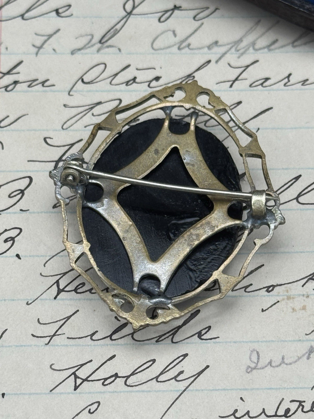 Edwardian Style Early Plastics Black Cameo Brooch C-Clasp ESTATE FIND