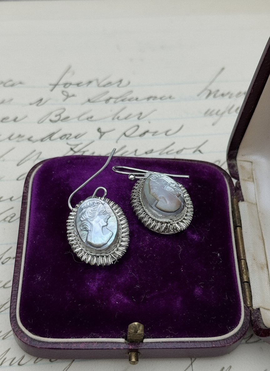 Vintage Carved “Abalone” CAMEO EARRINGS 800 Silver Converted ESTATE FIND