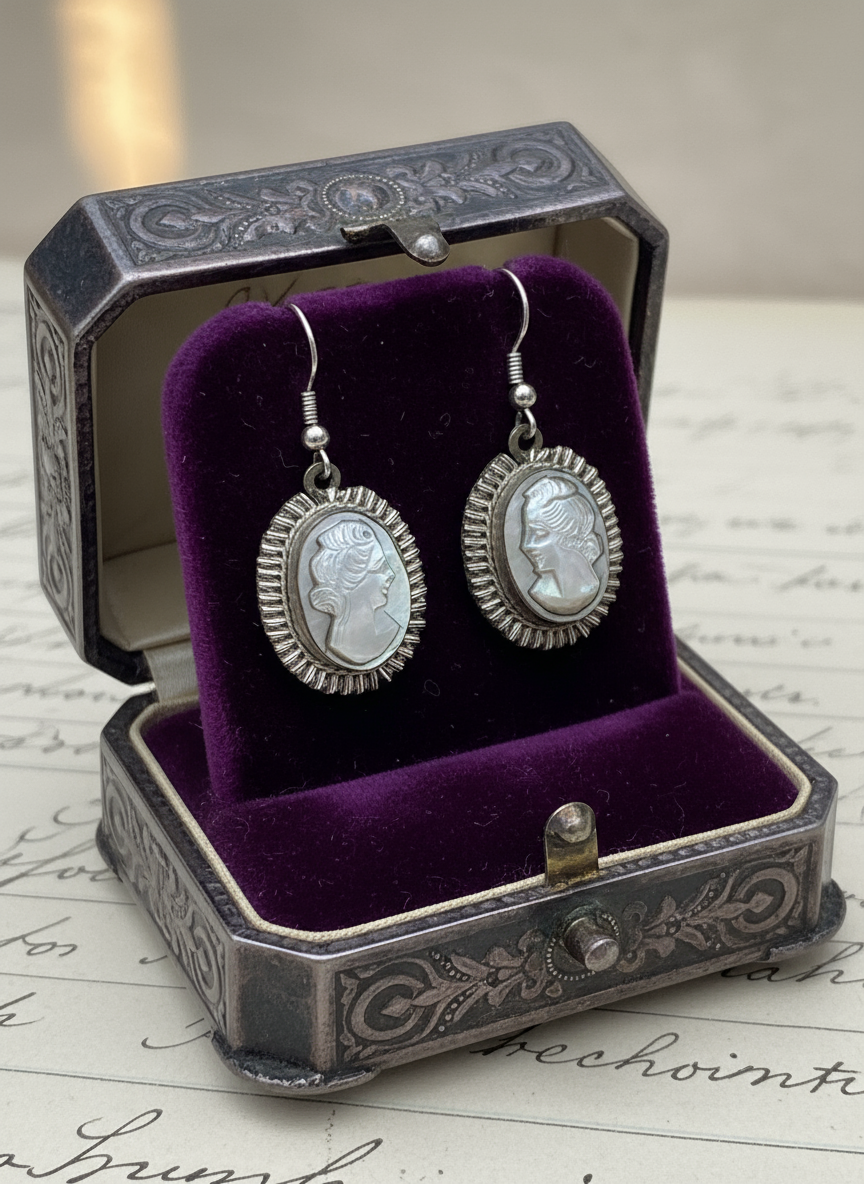 Vintage Carved “Abalone” CAMEO EARRINGS 800 Silver Converted ESTATE FIND