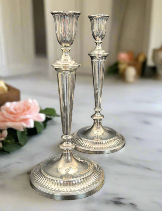 George III STYLE Candle Stick Pair Antique Silverplate 11”h ESTATE FIND
