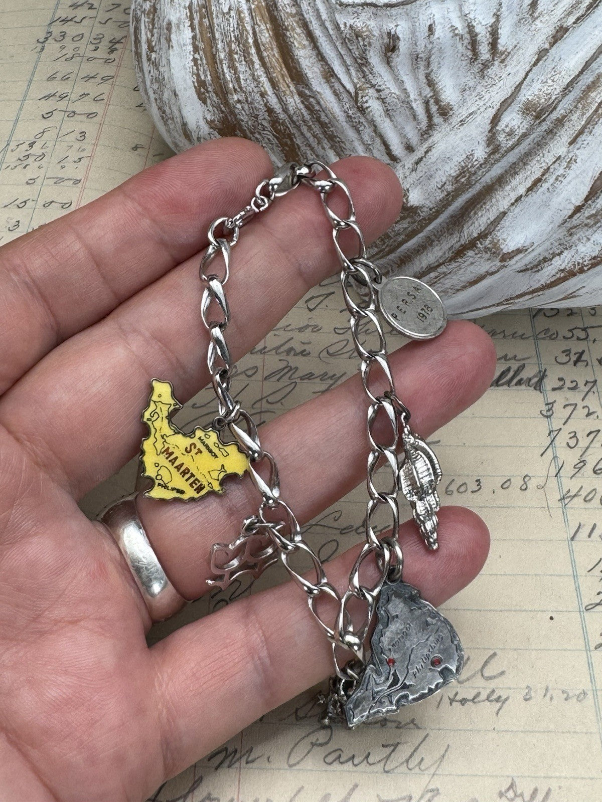Vintage STERLING Silver Charm Bracelet St. Maarten ESTATE FIND 7.5”