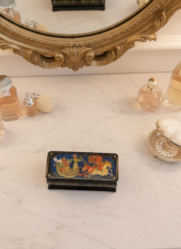 Vintage Russian Style Lacquer Box Sleigh & Horse Scene HAND PAINTED Folk Art