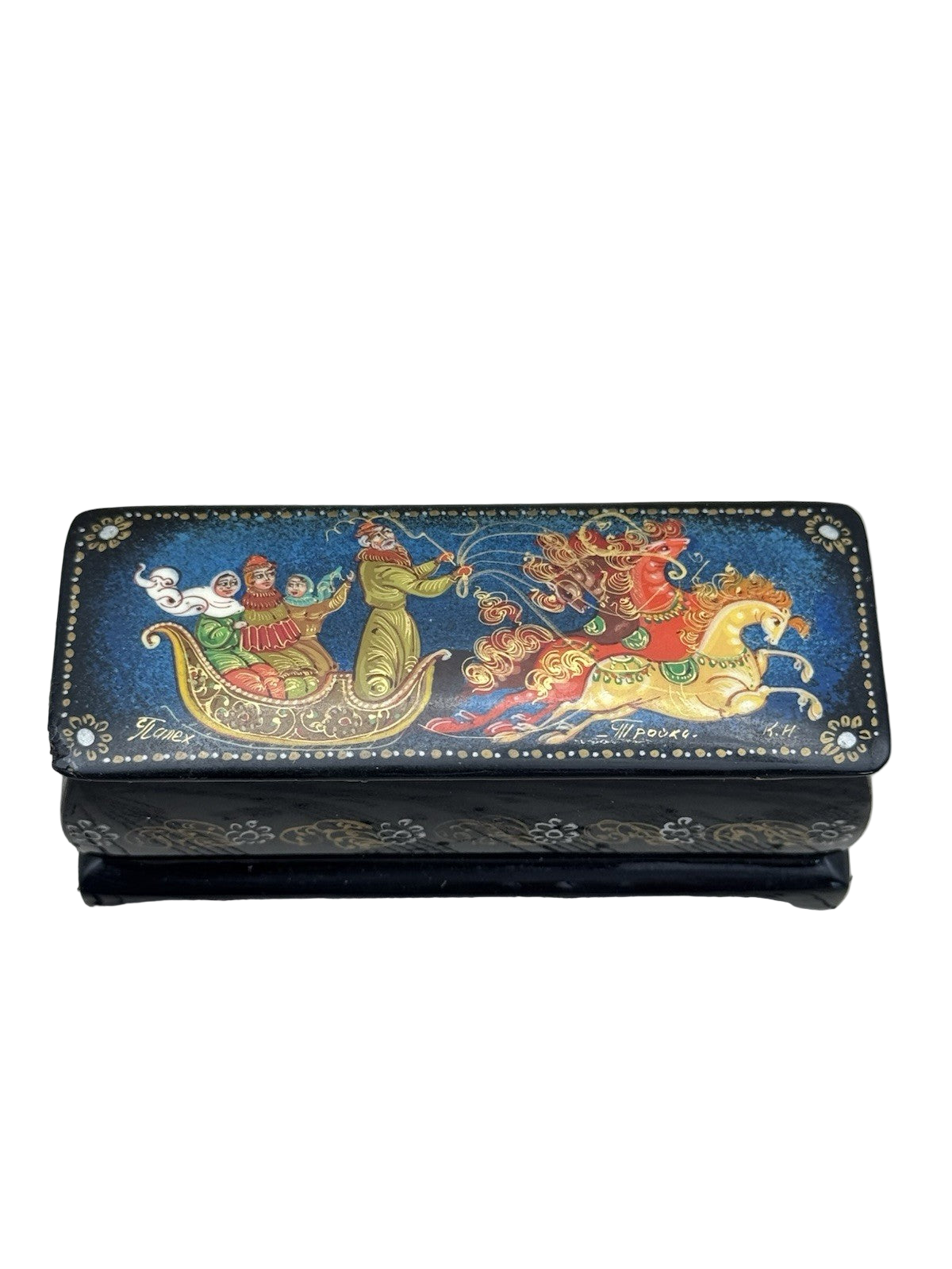 Vintage Russian Style Lacquer Box Sleigh & Horse Scene HAND PAINTED Folk Art