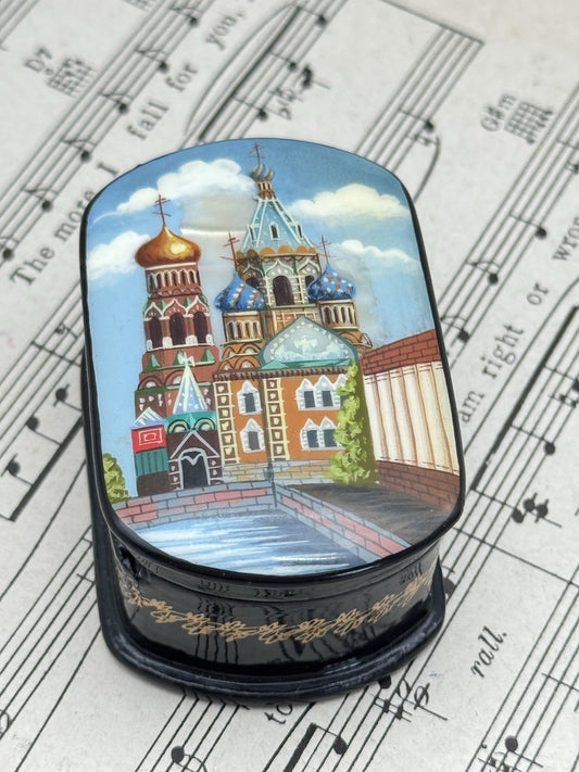 Signed Fedoskino Hand Painted Russian Black Lacquer Box Shell Pearl Inlay