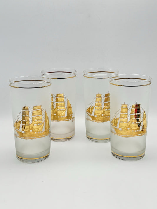 4 VINTAGE Culver Frosted Schooner Nautical Hi Ball Glass Barware 22kt Gold 8oz. 5.5"